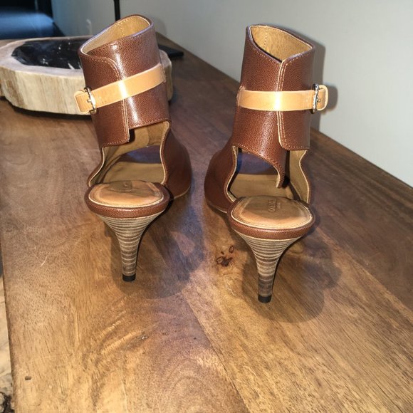 Coach "Milah" Open-Toe Slingback Kitten Heel Brown Leather Ankle Boots - Picture 4 of 11